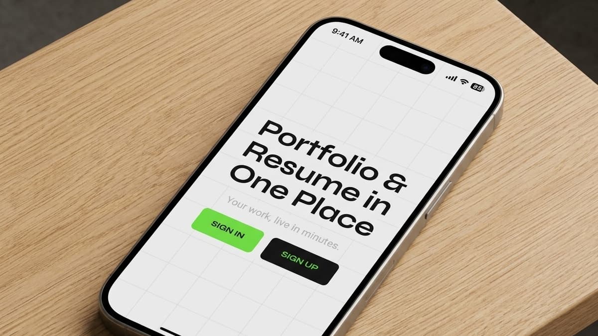 Mobile screen displaying a light grid-patterned homepage hero section with the headline "Portfolio & Resume in One Place" and "Sign In" and "Sign Up" buttons.