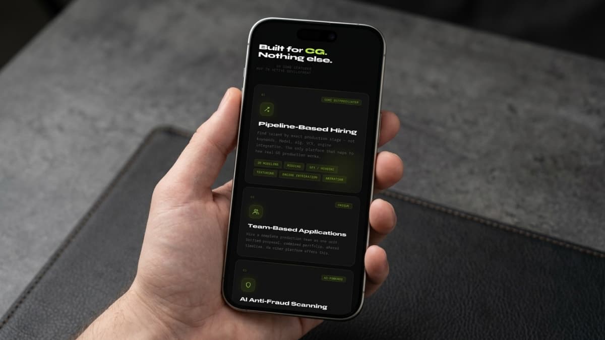 Mobile screen displaying a feature summary titled "Built for CG. Nothing else." with details for Pipeline-Based Hiring, Team-Based Applications, and AI Anti-Fraud Scanning.