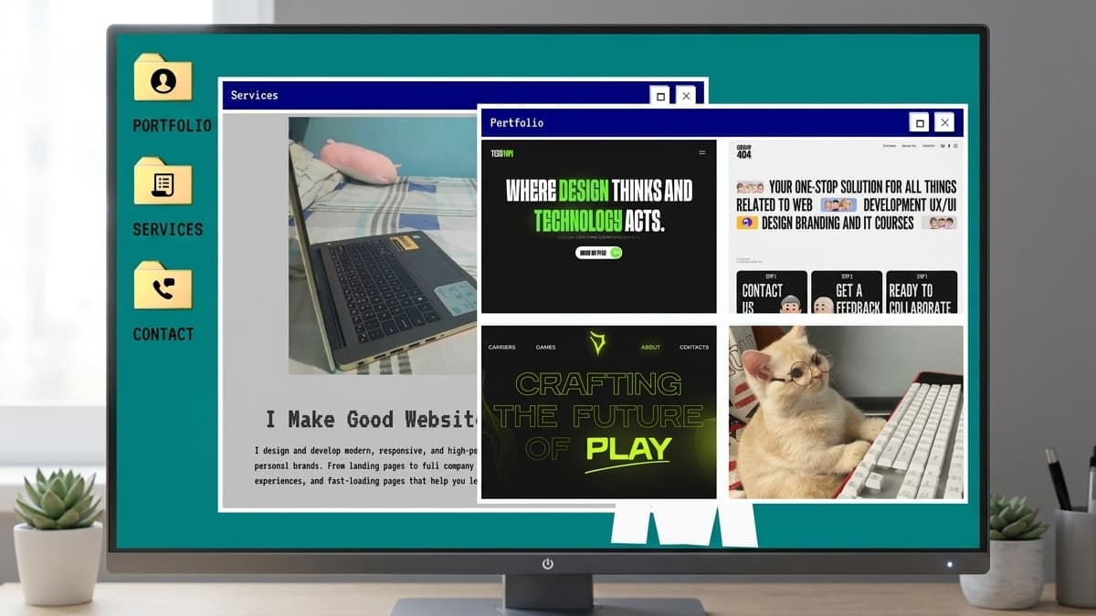 Desktop workspace showing folder icons and two open windows: "Services" (laptop image) and "Portfolio" (project grid with a cat wearing glasses).