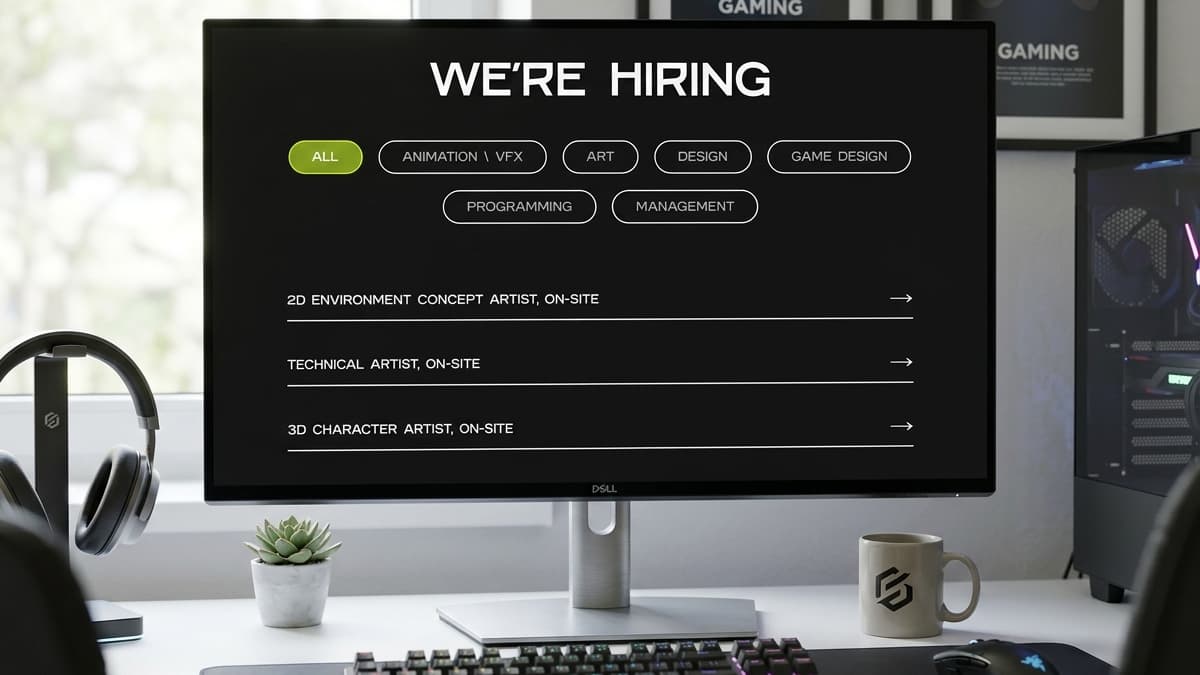 Desktop screen displaying a "WE'RE HIRING" job listings page with category filter tags and open positions like 2D Environment Concept Artist.