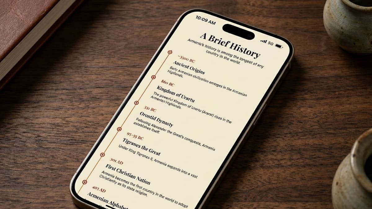 Mobile screen displaying a vertical timeline titled "A Brief History" with historical milestones from "Ancient Origins (~3500 BC)" to the "Armenian Alphabet (403 AD)".