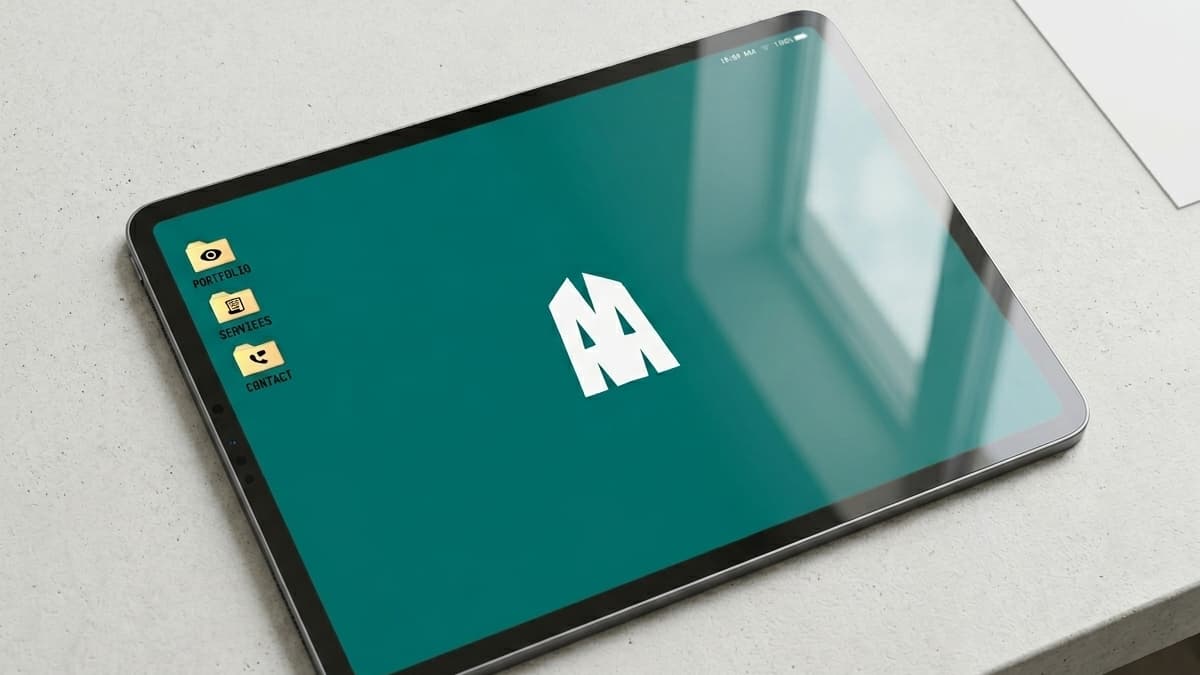 Tablet screen displaying a teal background with a white "AM" monogram and three folders (Portfolio, Services, Contact) on the left.