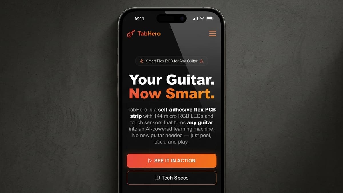Mobile screen showing the product header 'Your Guitar. Now Smart.' with descriptions of the self-adhesive flex PCB strip and buttons to see it in action.