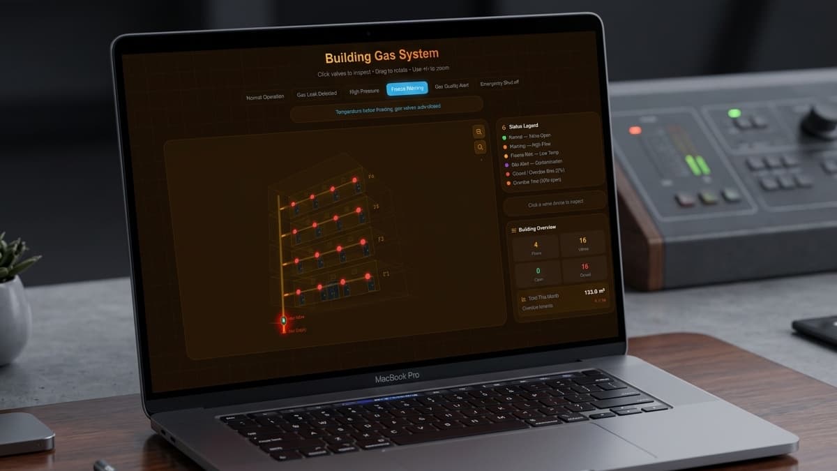 Laptop screen displaying a "Building Gas System" dashboard containing an interactive 3D isometric building model with colored valve indicator dots.