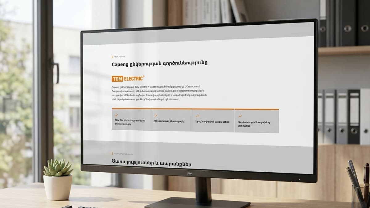 Desktop screen displaying an "About" section in Armenian detailing the partnership with TDM Electric and four checkmark value boxes.