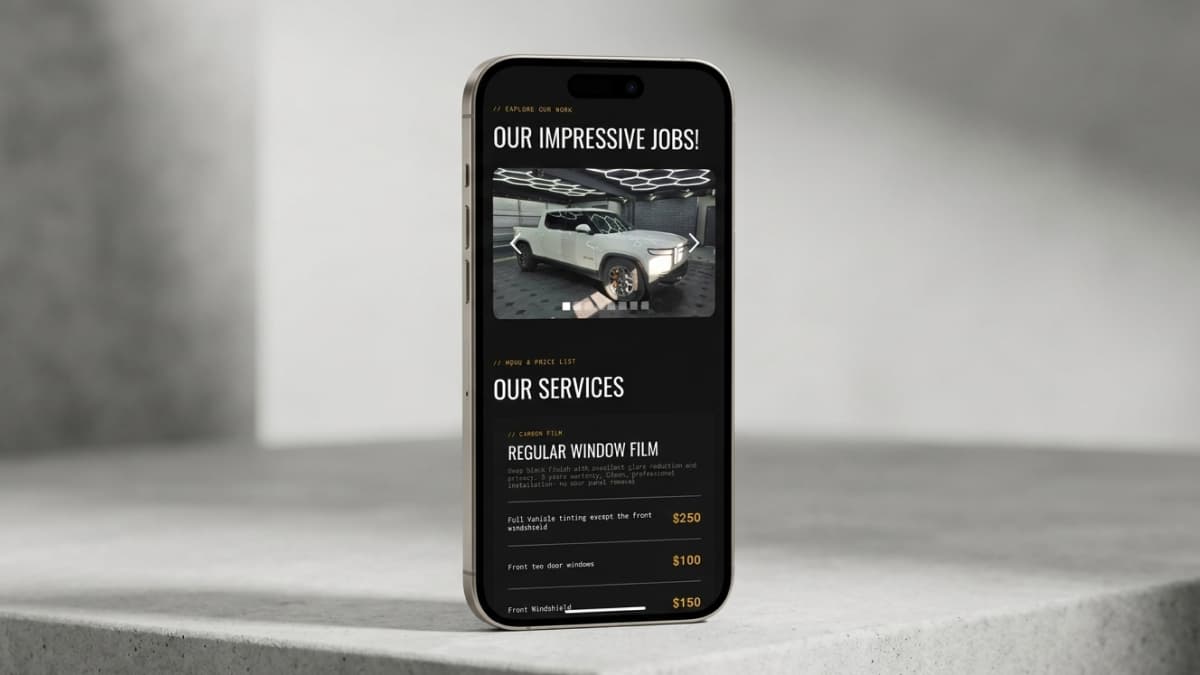 Mobile screen displaying a portfolio slider showing a white pickup truck, followed by a price list for regular window film services.