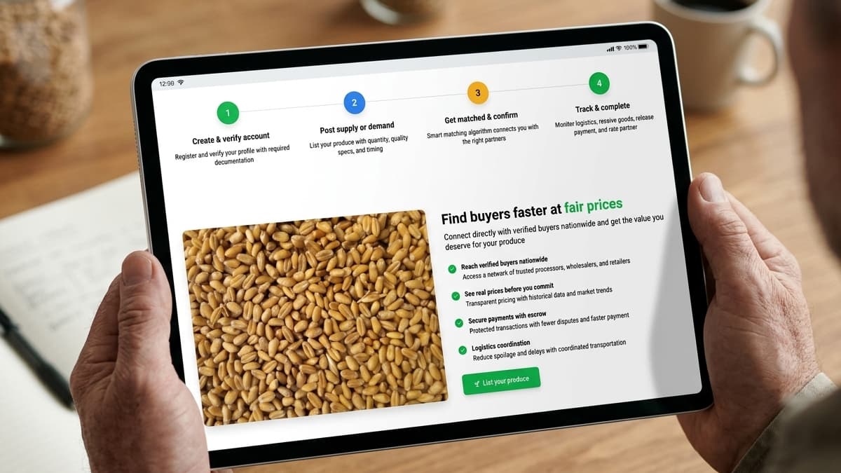 Step-by-step agritech workflow timeline (steps 1-4) above an image of wheat grains and buyer advantages.