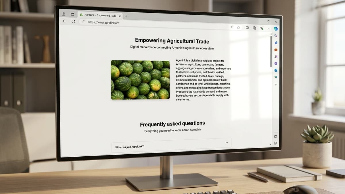 "Empowering Agricultural Trade" info section next to a photo of watermelons and a dropdown FAQ.