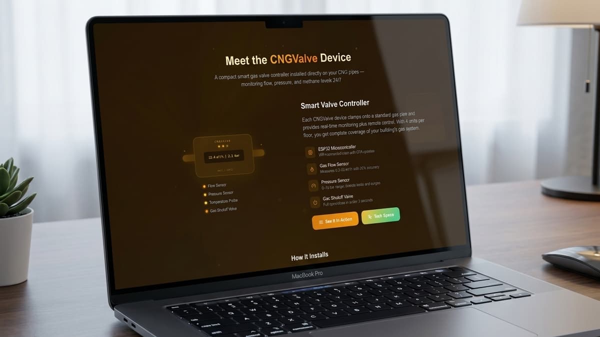 Laptop screen displaying a specs page titled "Meet the CNGValve Device" detailing the physical controller module and components like the ESP32 chip.