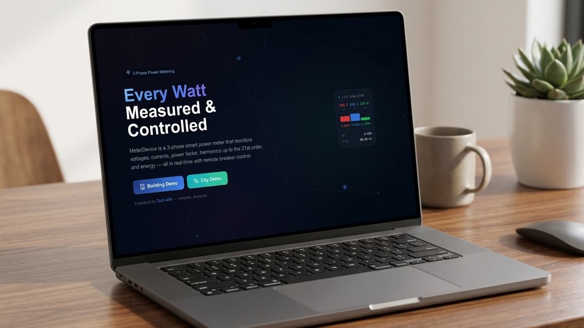 Laptop screen displaying a page section titled "Every Watt Measured & Controlled" next to a floating "Live Simulator" widget showcasing three-phase voltage readings and line frequencies.