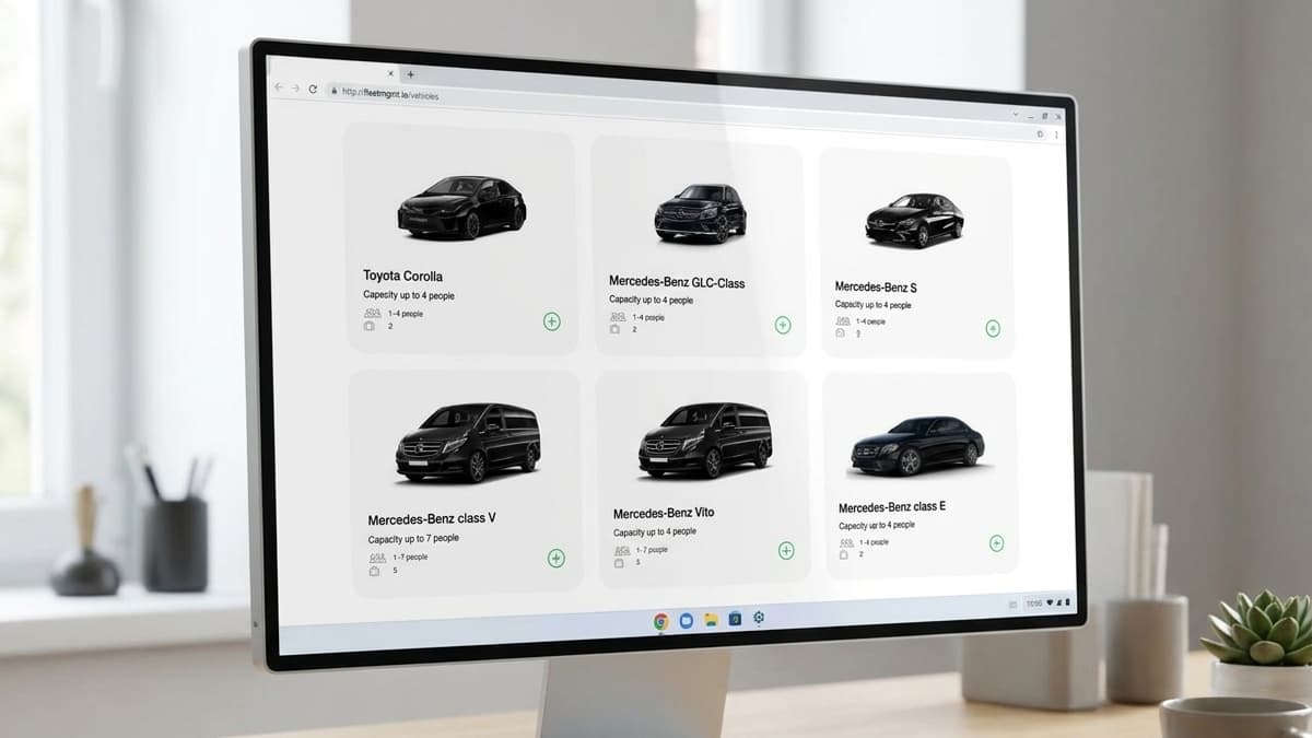 Desktop screen displaying a grid of six vehicle selection cards under a fleet directory, listing car models with capacity details.