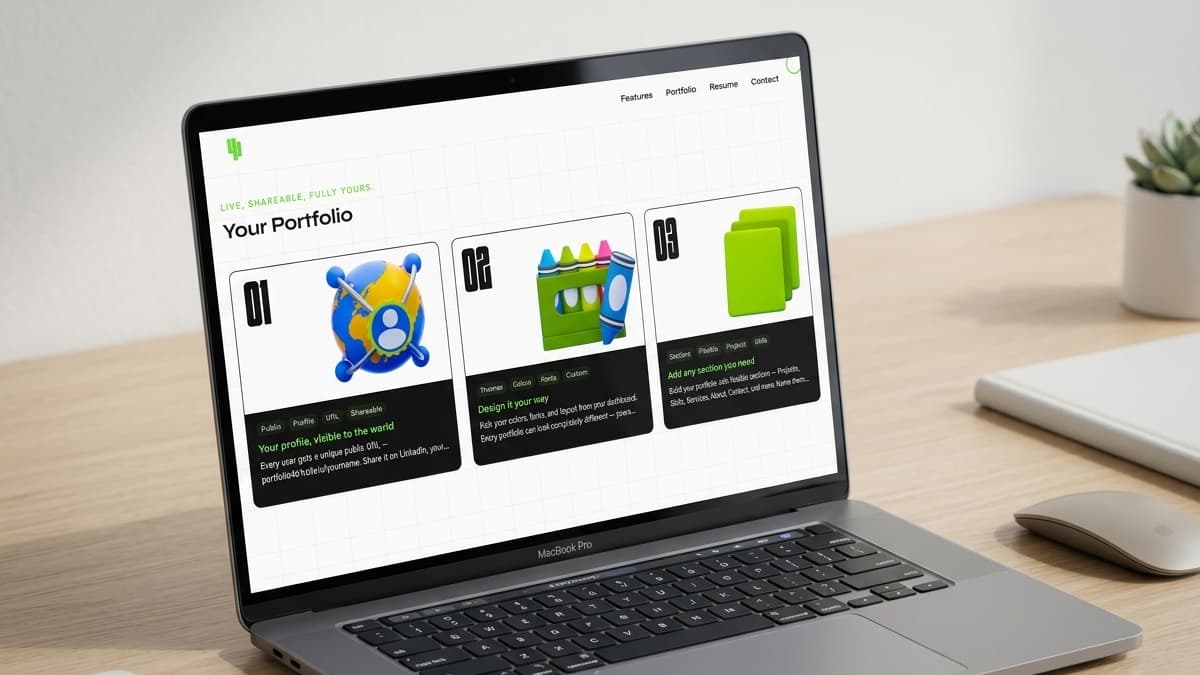 Laptop screen displaying a features list page on a white grid background showing three columns with 3D illustrations for profile sharing, design customization, and section layouts.