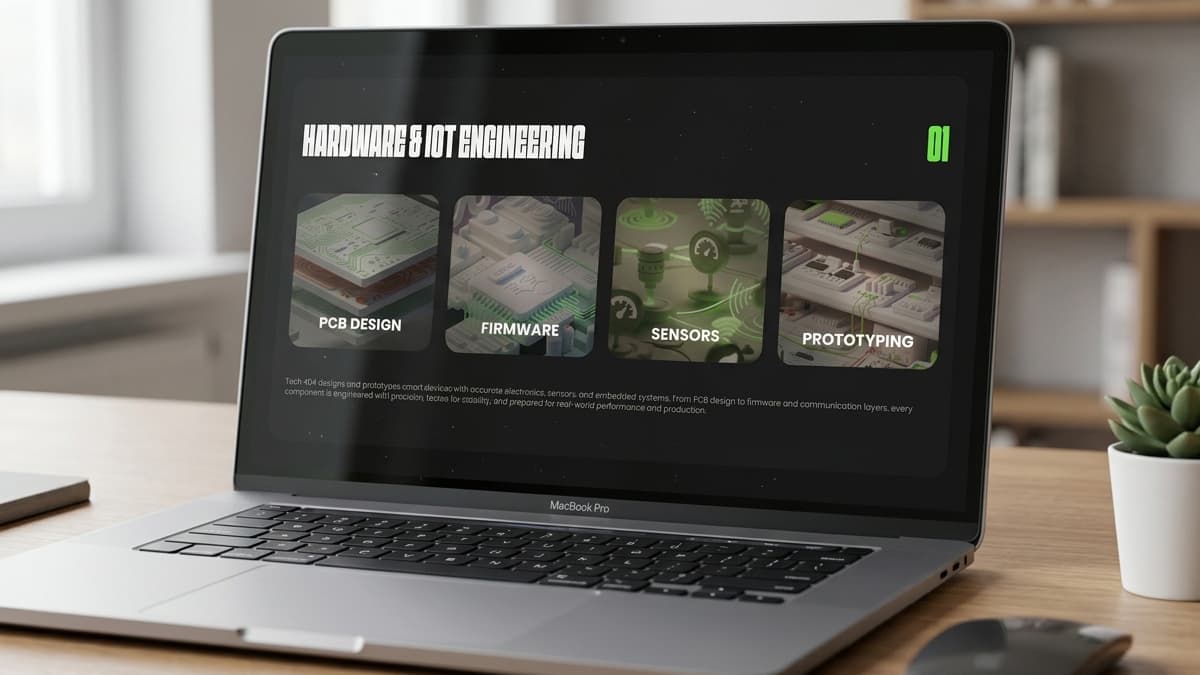 Laptop screen displaying a services page titled "HARDWARE & IOT ENGINEERING" showing four custom 3D-illustrated service cards for PCB Design, Firmware, Sensors, and Prototyping.