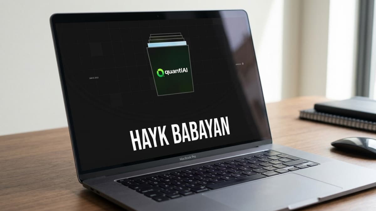 Laptop screen displaying a portfolio intro screen for "HAYK BABAYAN" featuring a dark grid background and a slide deck showing the "quantiAI" logo.