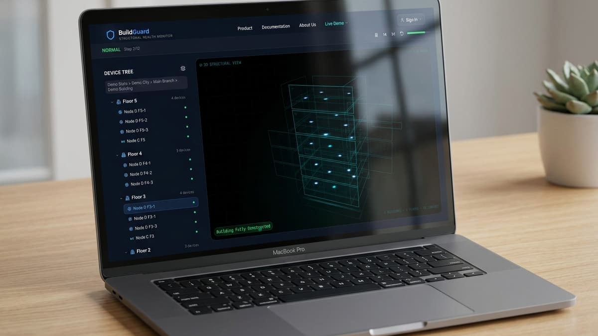 Laptop screen displaying a 3D dashboard with a "Device Tree" sidebar organizing sensors by floor and an interactive 3D model of a five-story building with glowing blue sensor node indicators.