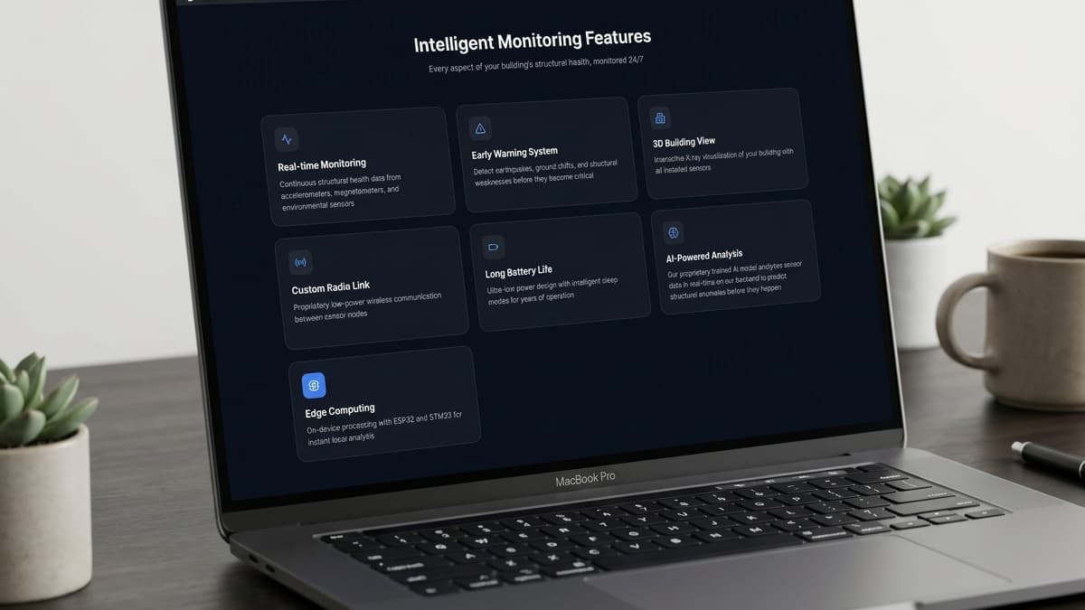 Laptop screen displaying a page titled "Intelligent Monitoring Features" with a grid of cards outlining capabilities like real-time monitoring, 3D building view, and edge computing.