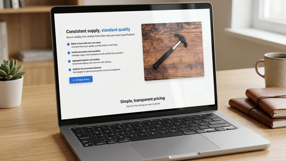 "Consistent supply, standard quality" feature checklist next to a photo of a claw hammer on wood.
