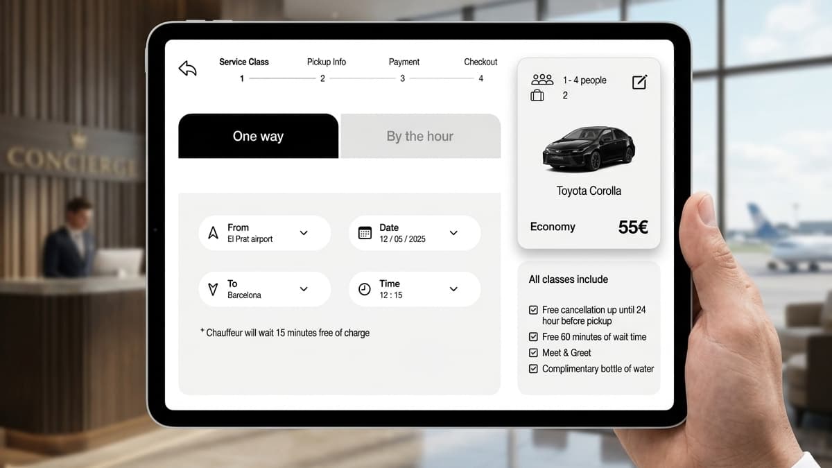 Tablet screen showing Step 1 of the booking form with fields for pickup location (El Prat airport), destination (Barcelona), date, time, and a selected "Toyota Corolla Economy" card priced at "55€".