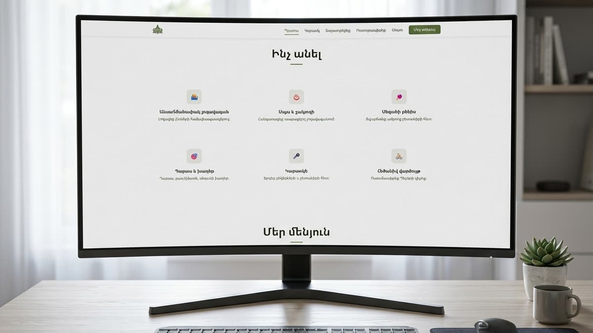 Desktop screen displaying a "What to do" activities section in Armenian, listing guest services such as swimming pool, sauna, table tennis, darts, karaoke, and bicycle rental.