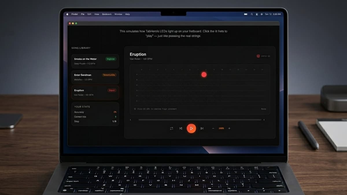 Laptop screen displaying the interactive guitar fretboard simulator showing a fretboard map for Van Halen's 'Eruption' alongside song select libraries and stats panels.