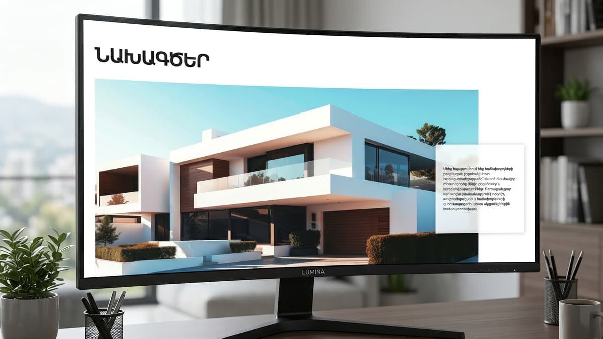 Desktop screen displaying a "Projects" section in Armenian, showing a large photo of a modern two-story white house with glass balconies.