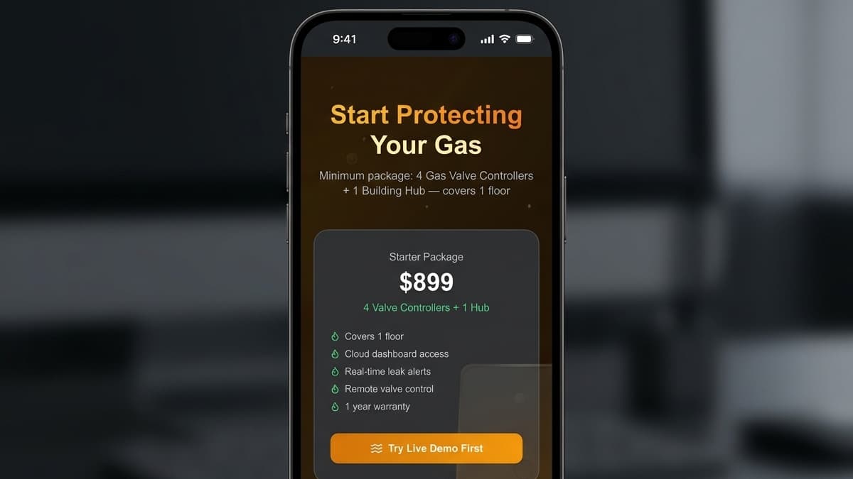 Mobile screen showing a starter package pricing block ($899 for 4 valve controllers + 1 hub) and a list of key features.