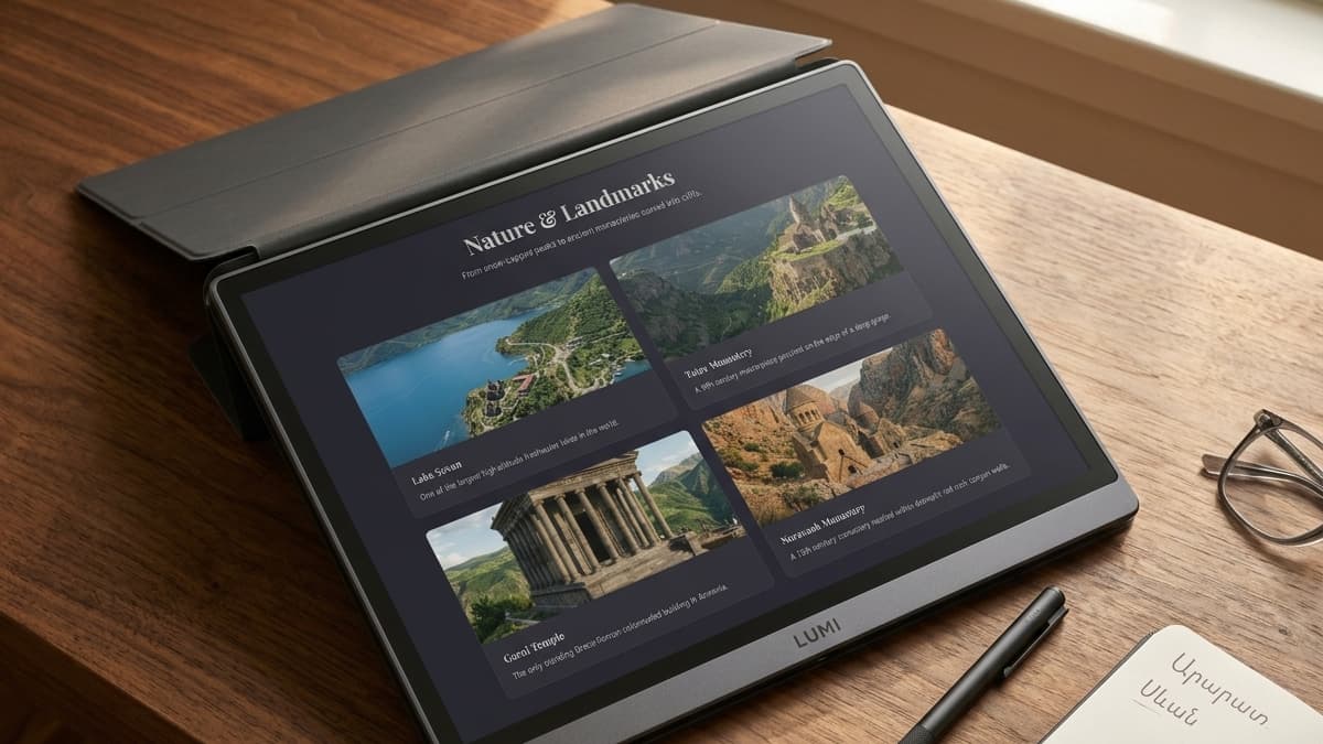 Tablet screen displaying a grid of four landmark cards with photos: Lake Sevan, Tatev Monastery, Garni Temple, and Noravank Monastery.
