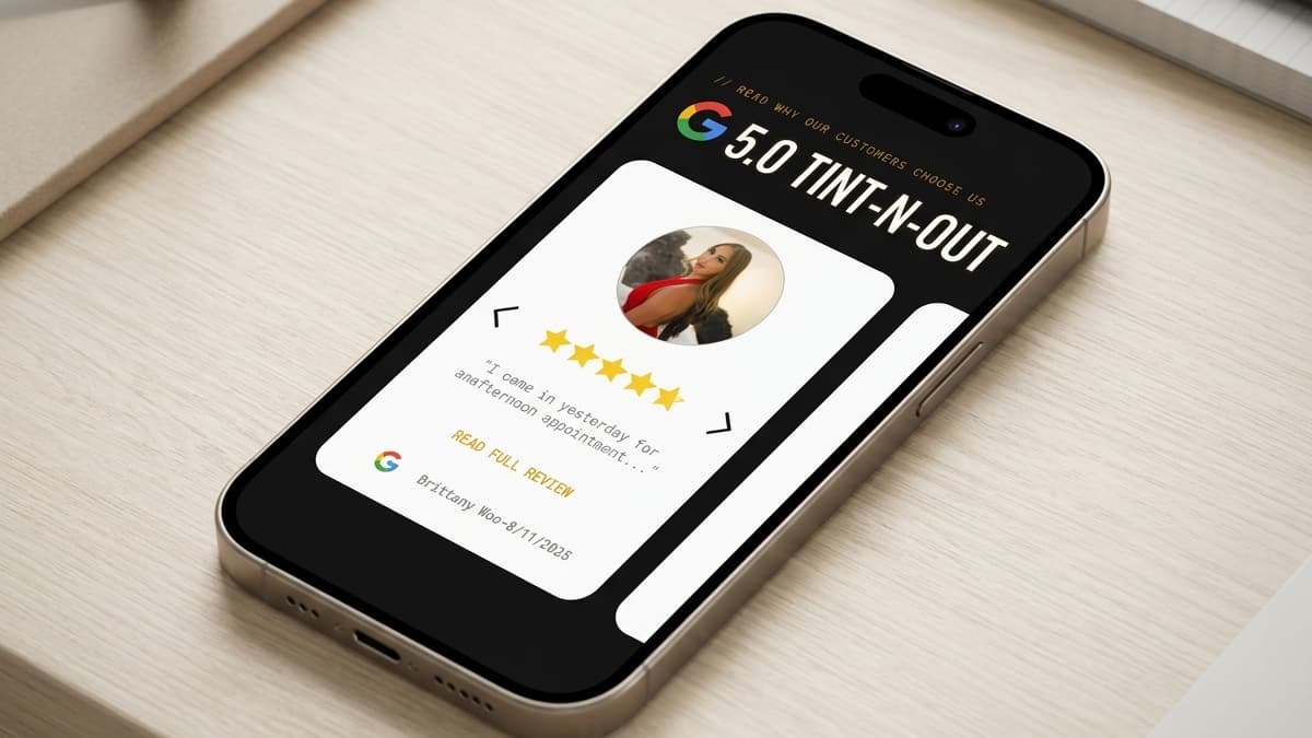 Mobile screen displaying Google reviews for "TINT-N-OUT" featuring a five-star review card from "Brittany Woo".