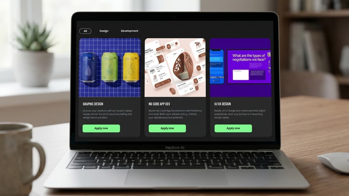 Laptop screen displaying a courses grid with three cards: "Graphic Design" showing patterned cans, "No Code App Dev" showing mobile layout cards, and "UI/UX Design" showing digital screens, all with green "Apply now" buttons.