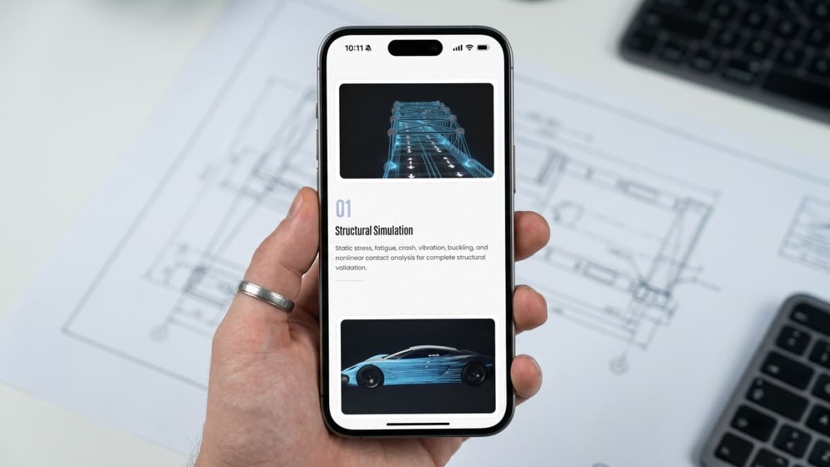 Mobile screen showing a section for "Structural Simulation" with a wireframe bridge model, and a second section showing a car in an aerodynamic wind tunnel.