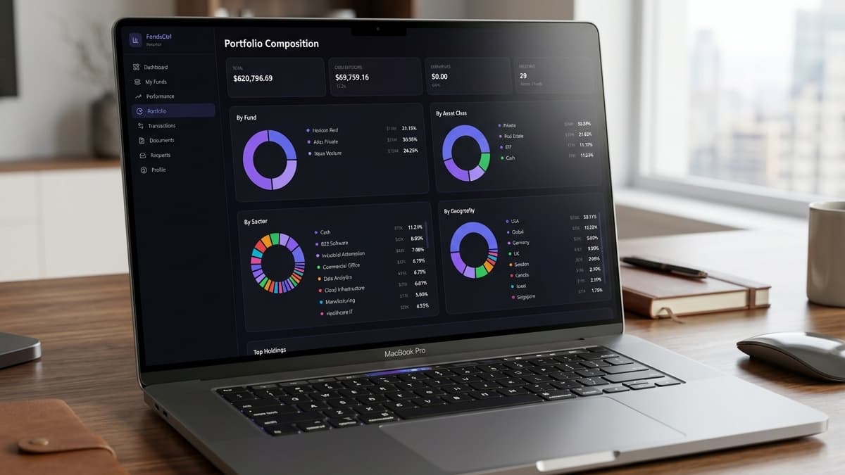 Laptop screen displaying a "Portfolio Composition" dashboard featuring breakdown donut charts by Fund, Asset Class, Sector, and Geography.
