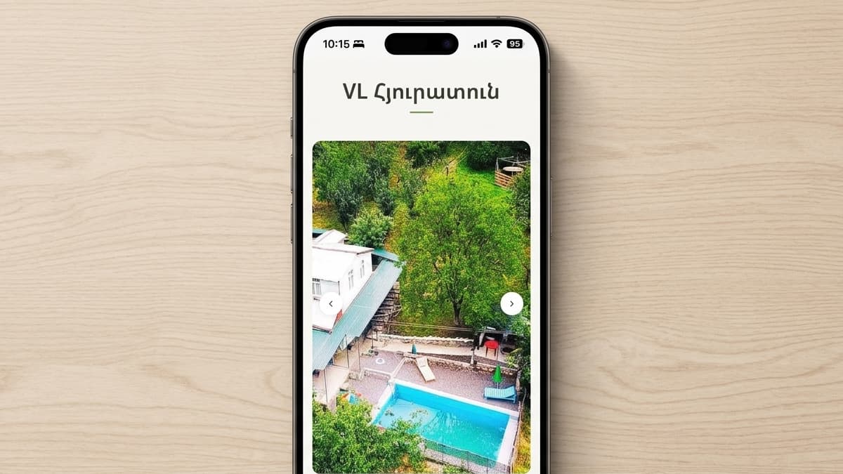 Mobile screen displaying a photo gallery for VL Guest House, showing an outdoor view of the property with a swimming pool and garden.