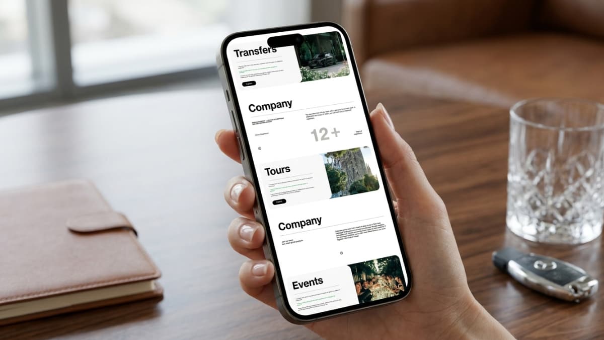 Mobile screen displaying a list of sections for "Transfers", "Company" (featuring a "12+" metric), "Tours", and "Events" with small thumbnail photos.