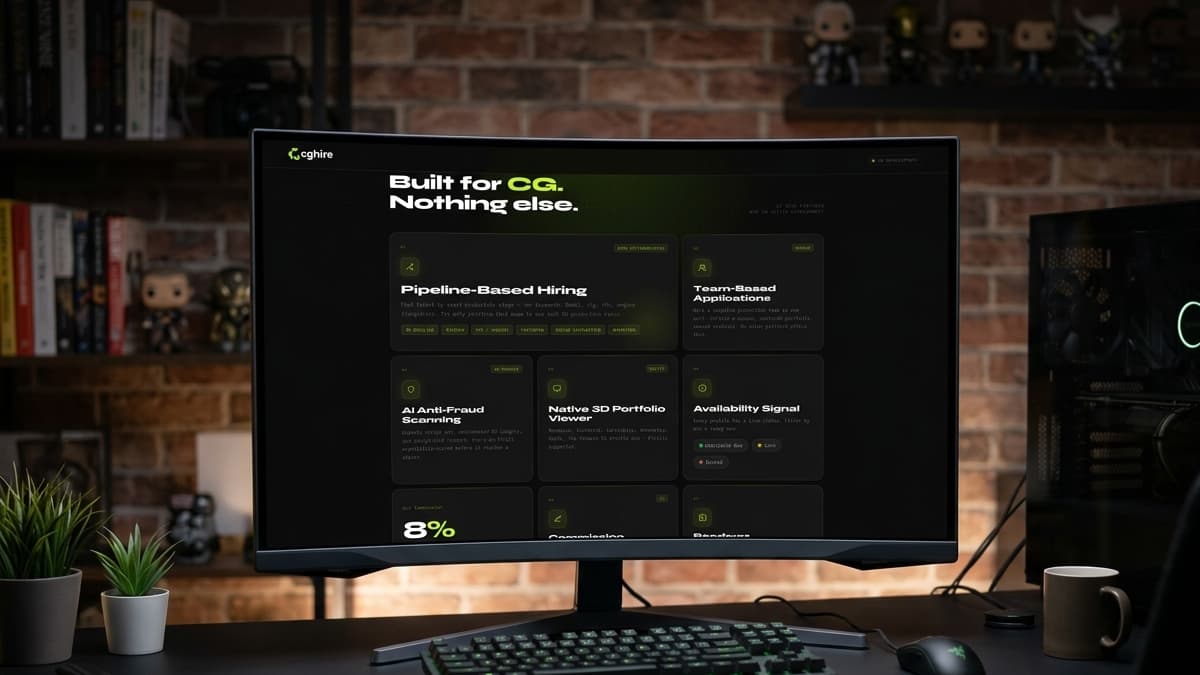 Desktop screen displaying a feature grid page titled "Built for CG. Nothing else." with cards for Pipeline-Based Hiring, Team-Based Applications, AI Anti-Fraud Scanning, and Native 3D Portfolio Viewer.