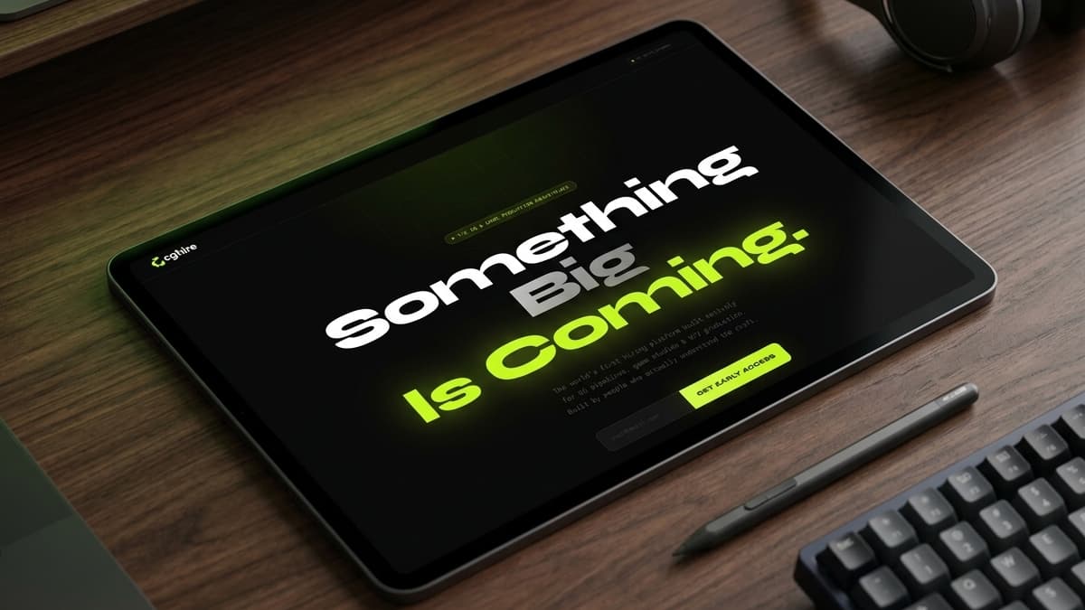 Tablet screen displaying the dark-themed landing page with the headline "Something Big Is Coming." and a "GET EARLY ACCESS" button.