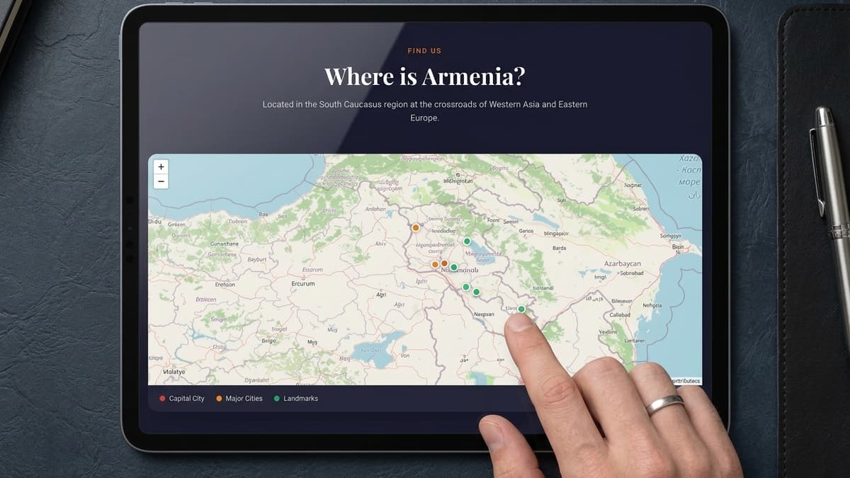 Tablet screen displaying a section titled "Where is Armenia?" with a geographical map showing the Caucasus region and color-coded markers.