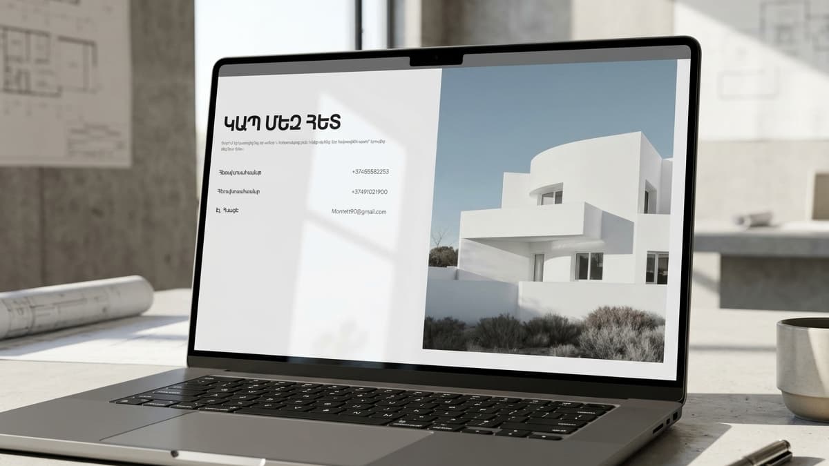 Laptop screen displaying a "Contact Us" page in Armenian with phone numbers, email ( Montett90@gmail.com ), and a photo of a white modern building.