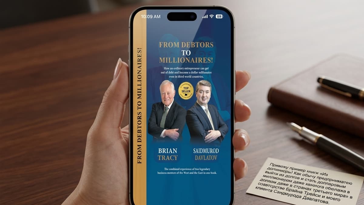 Mobile screen displaying a book promotion banner for "FROM DEBTORS TO MILLIONAIRES!" showing portraits of Brian Tracy and Saidmurod Davlatov.