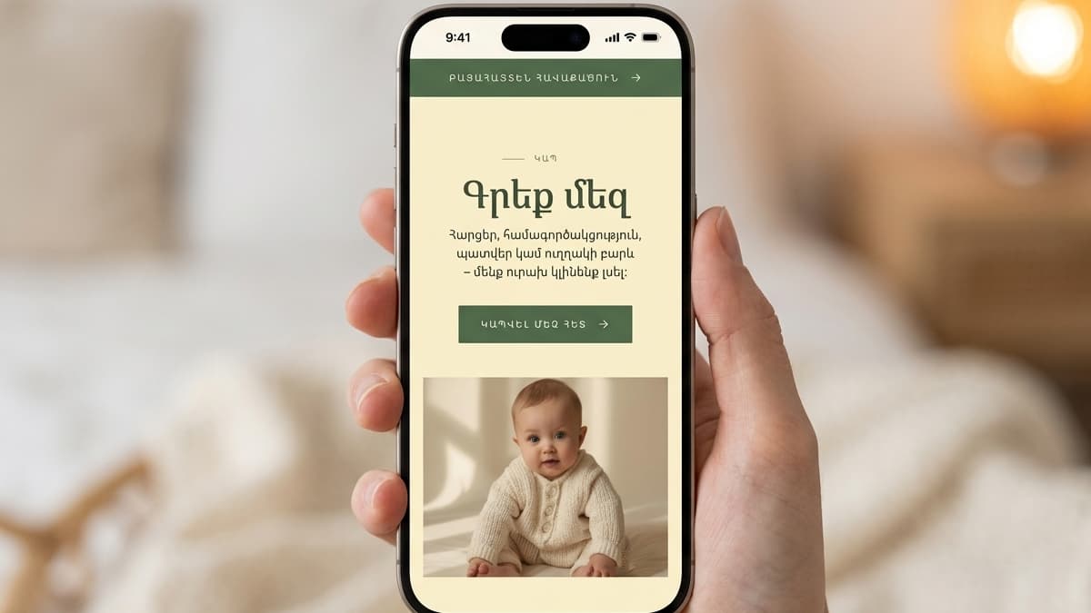 Mobile screen displaying a contact section titled "Գրեք մեզ" (Write to us) with a green button and a photo of a baby wearing a white hand-knit cardigan.
