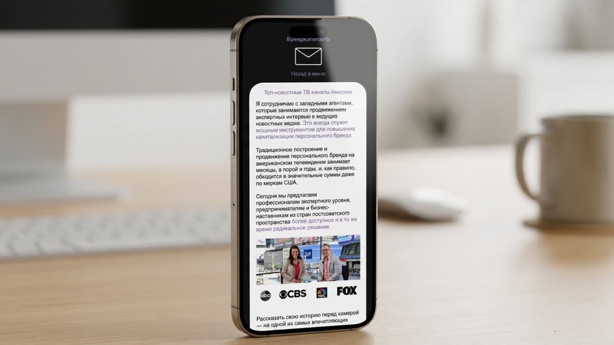 Mobile screen displaying a media services page titled "Top news TV channels of America" with text about media placement and logos of ABC, CBS, NBC, and FOX.