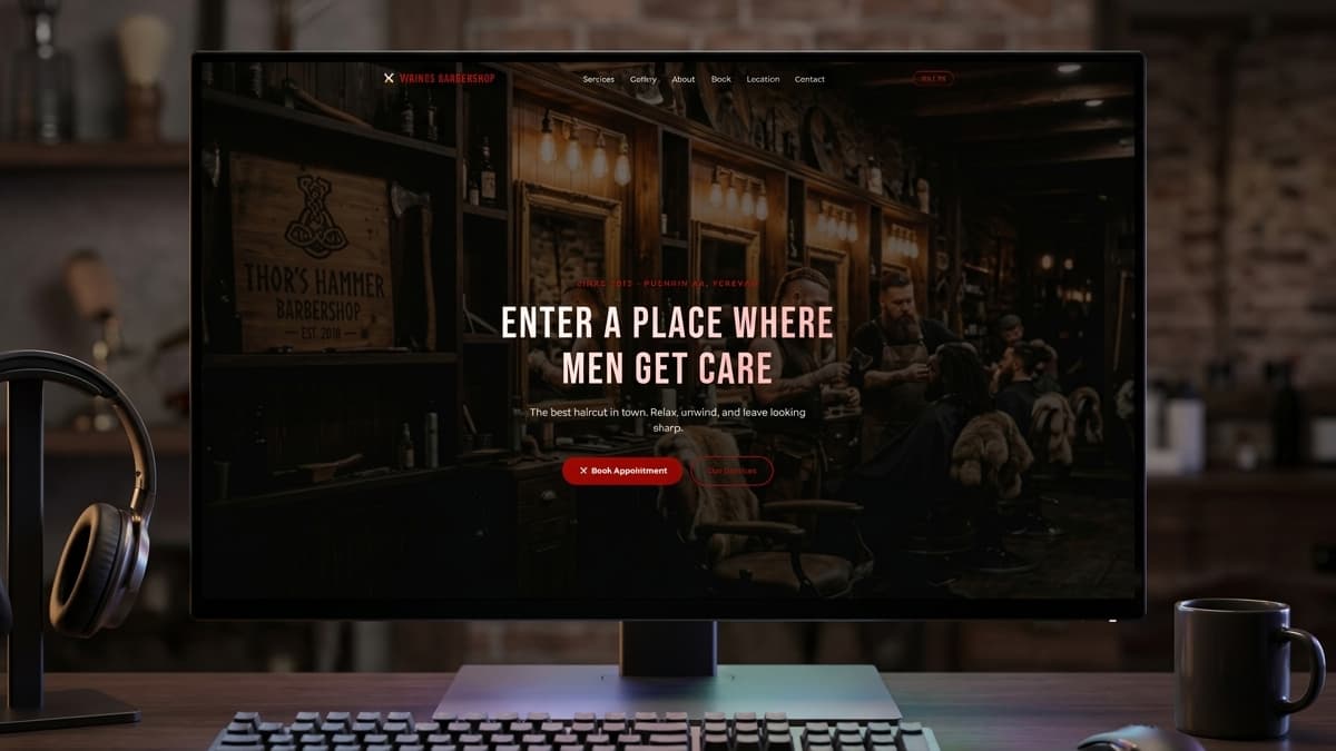 Desktop screen displaying a dark homepage with the headline "ENTER A PLACE WHERE MEN GET CARE" next to a barbershop background.