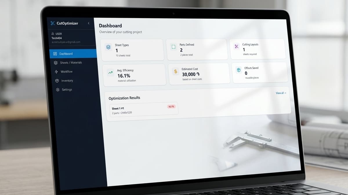 Laptop screen displaying the application dashboard showing project metrics cards such as average efficiency (16.1%) and estimated cost in Armenian Dram (30,000 ֏).