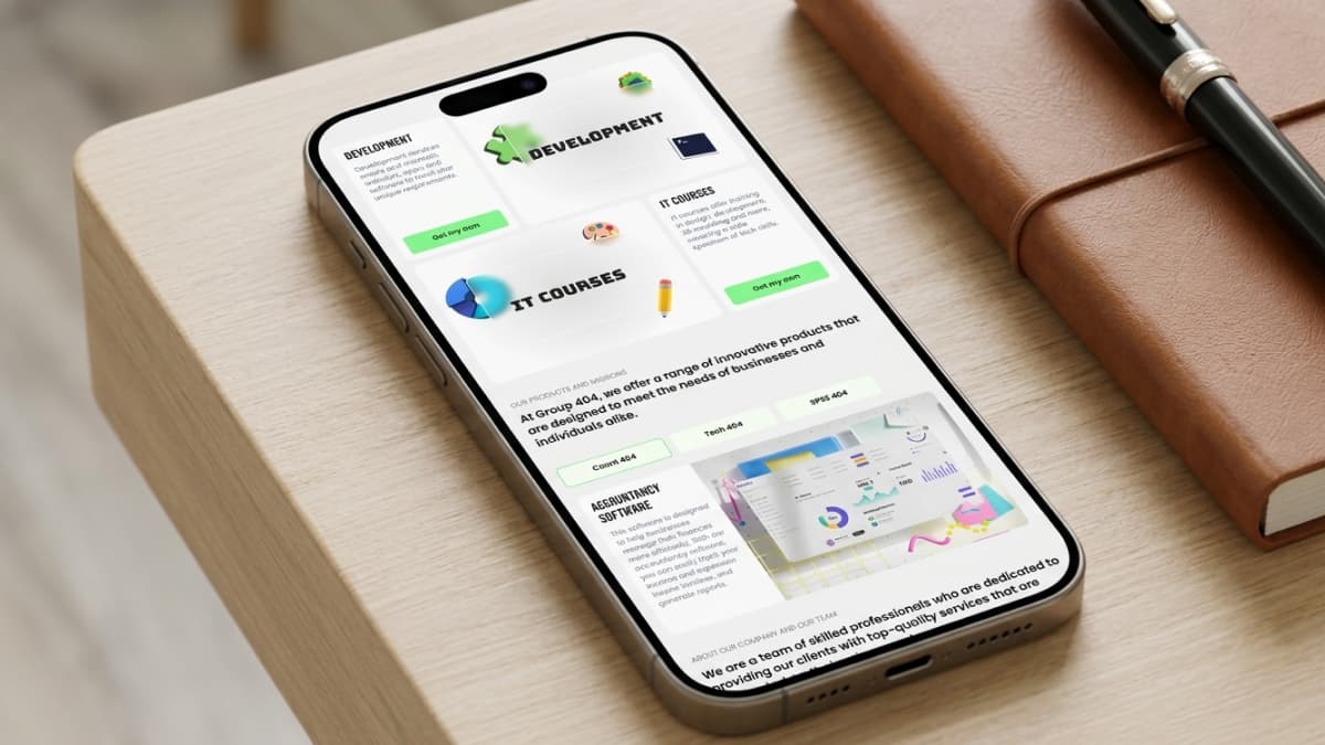 Mobile screen showing section blocks for Development and IT Courses, a product showcase for Accountancy Software, and company intro text.