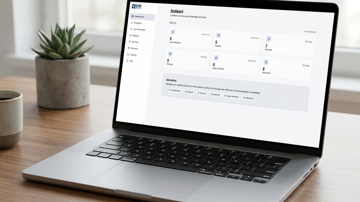 Laptop screen displaying an admin dashboard page with category counters (Team Members, Projects, Services) and a Quick Actions panel.